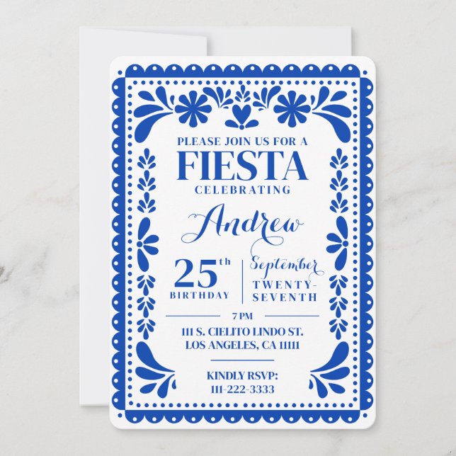 Invitation d'anniversaire Papel Picado Fête Bleue (Devant)