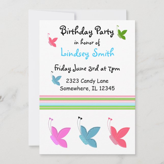 Invitation d'anniversaire Papillon (Devant)