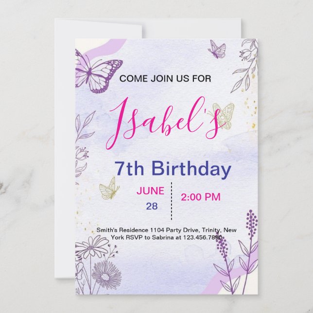 Invitation d'anniversaire Papillon (Devant)
