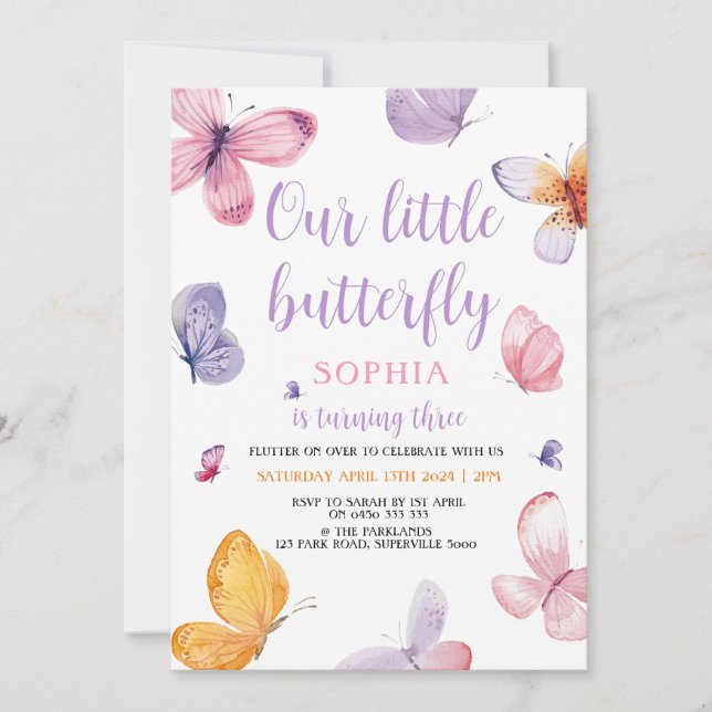 Invitation d'anniversaire papillon (Devant)