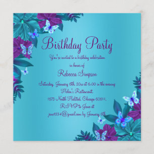 Invitation d'anniversaire Papillon Bleu Clair et V