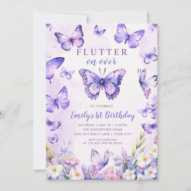 Invitation d'anniversaire papillon floral (Devant)