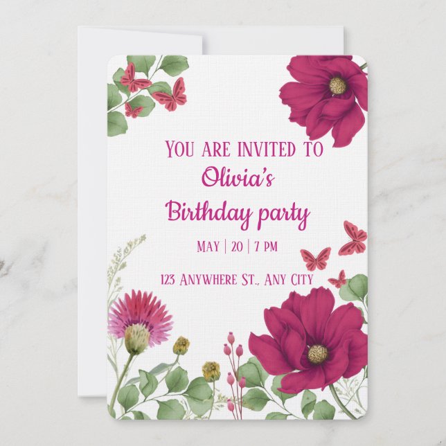 Invitation d'anniversaire Papillon Floral Rose (Devant)