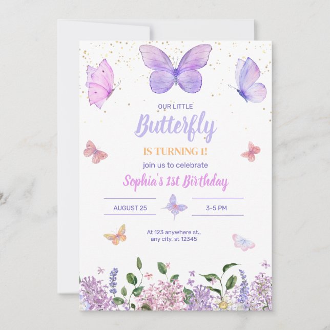 Invitation d'anniversaire Papillon, Jardin de fleu (Devant)