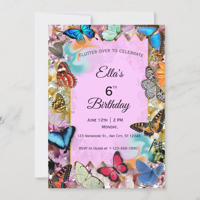 Invitation d'anniversaire Papillon Mignon  (Devant)