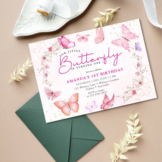 Invitation d'anniversaire papillon pailleté floral (Créateur téléchargé)