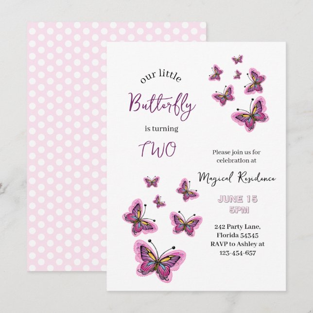 Invitation d'anniversaire Papillon Rose Rêveur (Devant / Derrière)