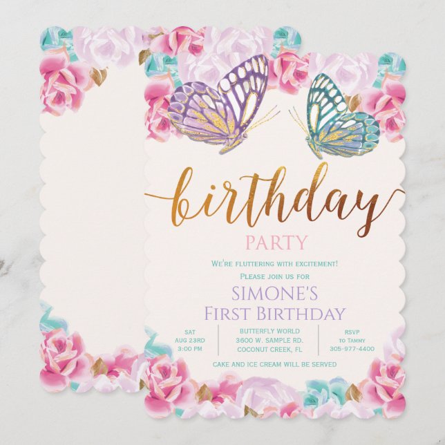 Invitation d'anniversaire papillon TOUT ÂGE (Devant / Derrière)