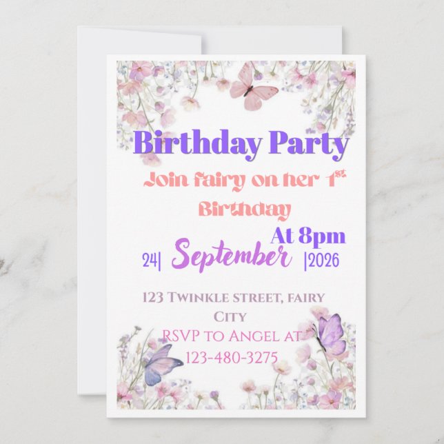 Invitation d'anniversaire papillon violet et rose  (Devant)