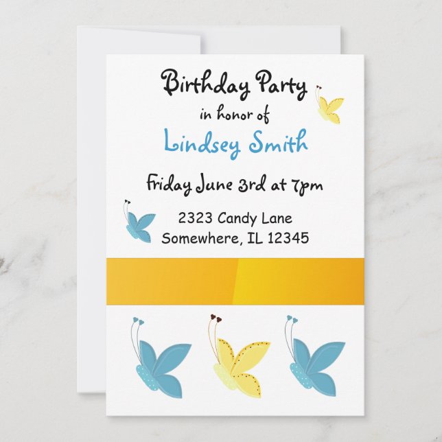 Invitation d'anniversaire Papillons (Devant)