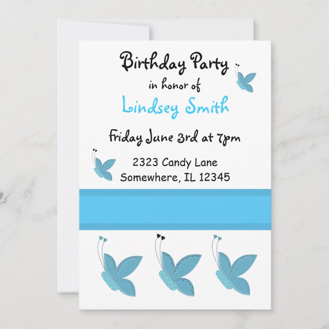 Invitation d'anniversaire Papillons Bleus (Devant)