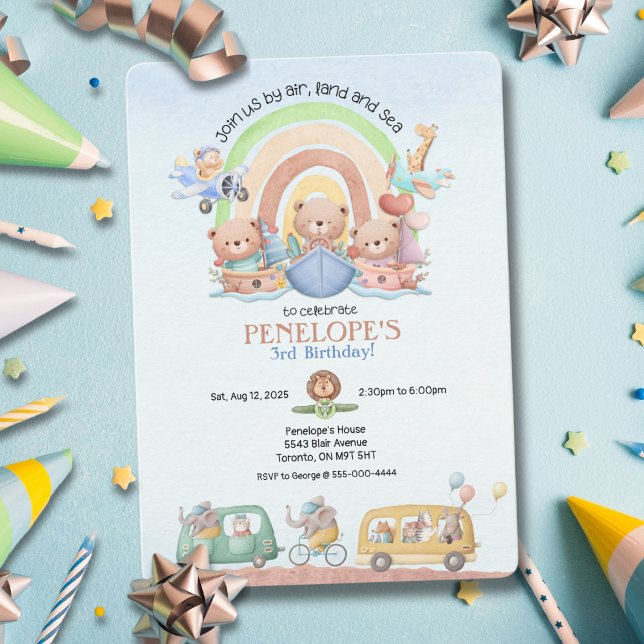 Invitation d'anniversaire par les airs, la terre e (Calling everyone, whether by land, air or sea – perfect invite for kids' birthdays!"






)