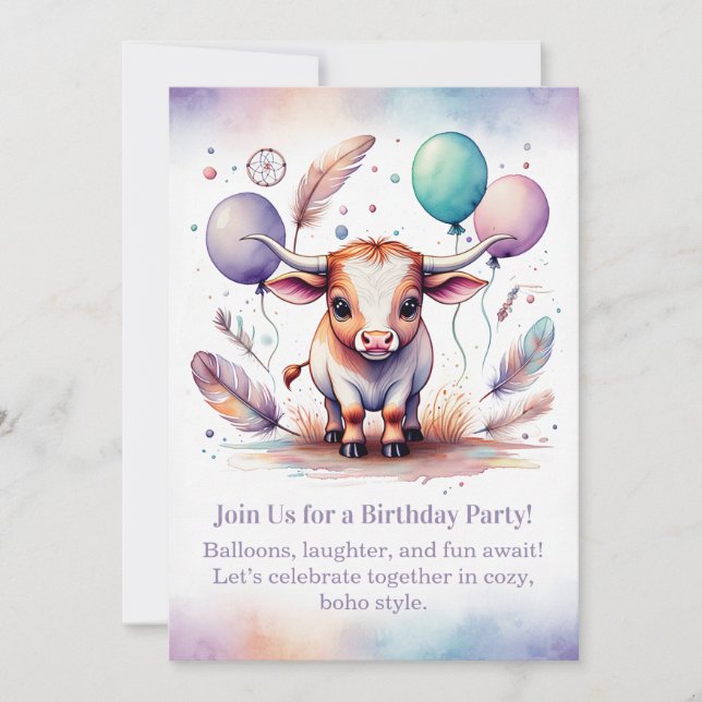 Invitation d'anniversaire pastel boho de veau Texa (Devant)