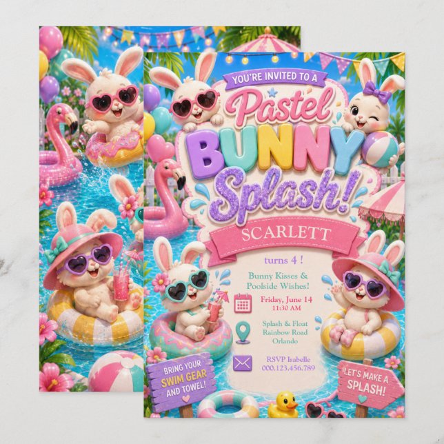 Invitation d'anniversaire Pastel Bunny Splash - Fê (Devant / Derrière)