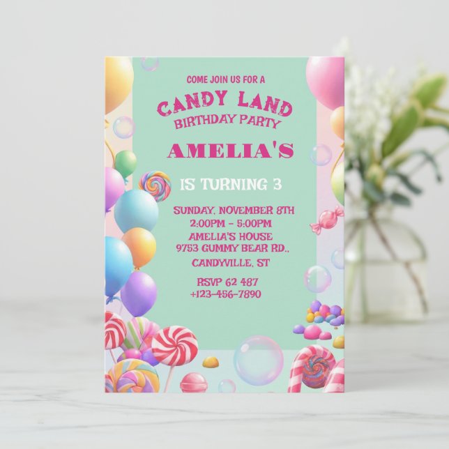 Invitation d'anniversaire Pastel Candy Land (Debout devant)