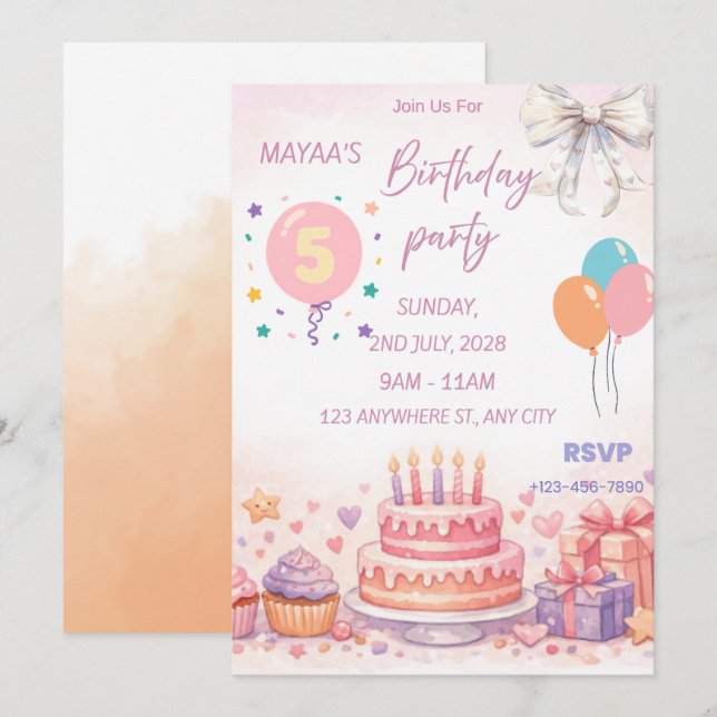 Invitation d'anniversaire pastel – Gâteau mignon e (Devant / Derrière)