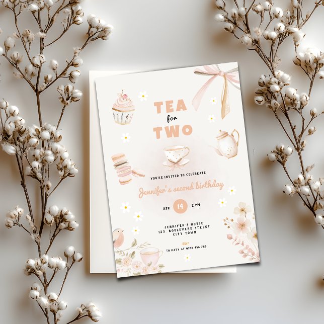 Invitation d'anniversaire pastel pour filles "Thé  (Tea for Two birthday invitation for girls)