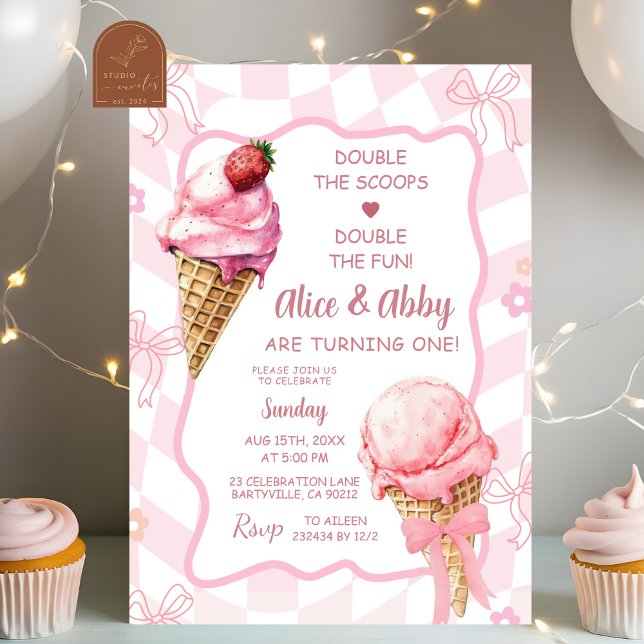 Invitation d'anniversaire Pastel rose Rétro Jumeau (Créateur téléchargé)