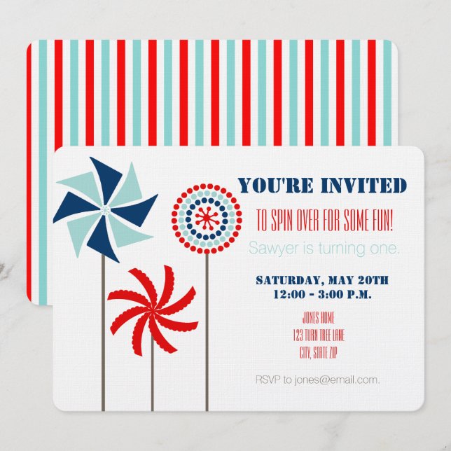 Invitation d'anniversaire Patriotic Pinwheel (Devant / Derrière)