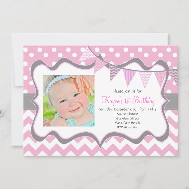 Invitation d'anniversaire pendentif Chevron et poi (Devant)