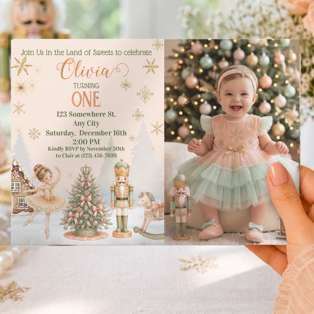 Invitation d'anniversaire personnalisée avec une p (Nutcracker Ballerina Photo Snow Globe Sweet One Invitation)
