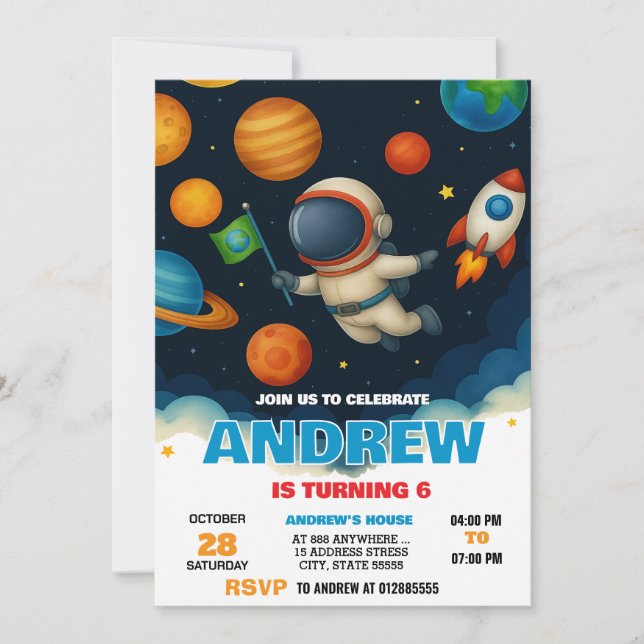 Invitation d'anniversaire personnalisée d'astronau (Devant)