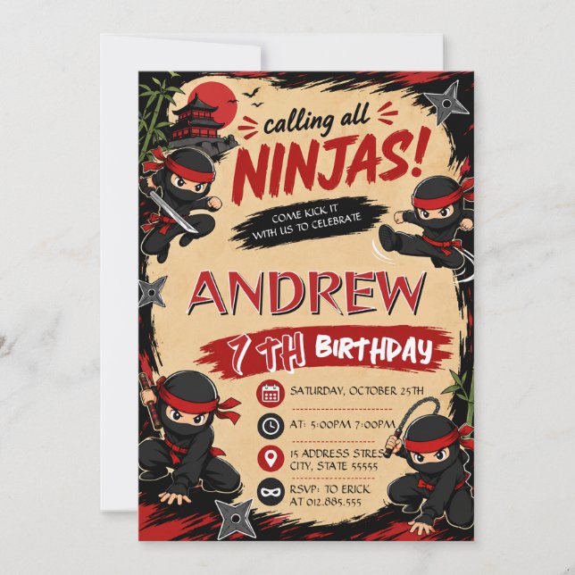 Invitation d'anniversaire personnalisée de ninja s (Devant)