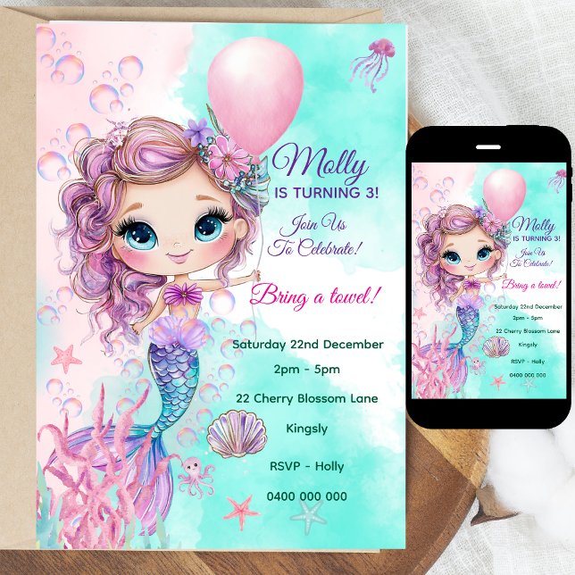 Invitation d'anniversaire personnalisée de Sirène (Personalized Watercolor Mermaid Birthday Invitation | Editable Text | Digital or Printed | Coloring )