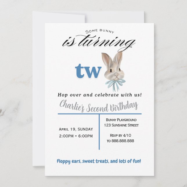 Invitation d'anniversaire personnalisée Lapin 2 an (Devant)
