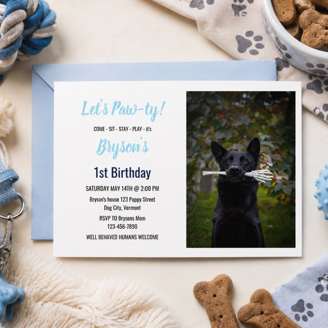 Invitation d'anniversaire personnalisée pour chien (Custom Dog Birthday Blue Paw Print Puppy Pet Invitation)
