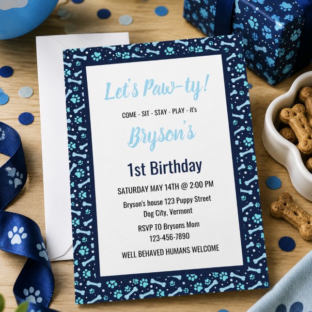 Invitation d'anniversaire personnalisée pour chien (Custom Dog Birthday Blue Paw Print Puppy Pet Invitation)