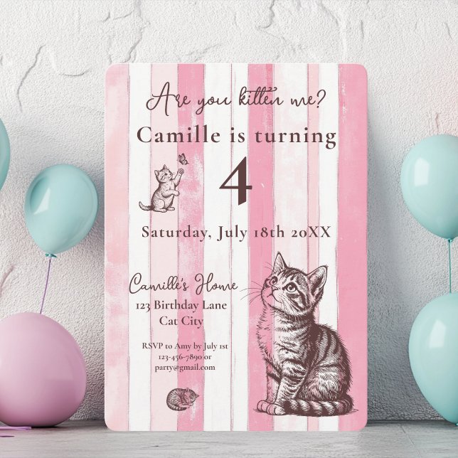 Invitation d'anniversaire personnalisée pour fille (Personalize Girl Vintage Pink Kitten Birthday Invitation)