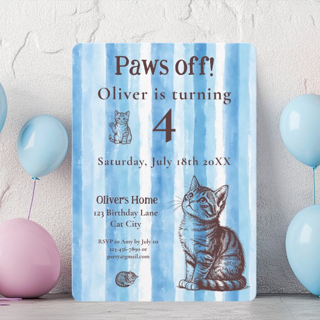Invitation d'anniversaire personnalisée pour garço (Personalize Boy Vintage Blue Kitten Birthday Invitation)