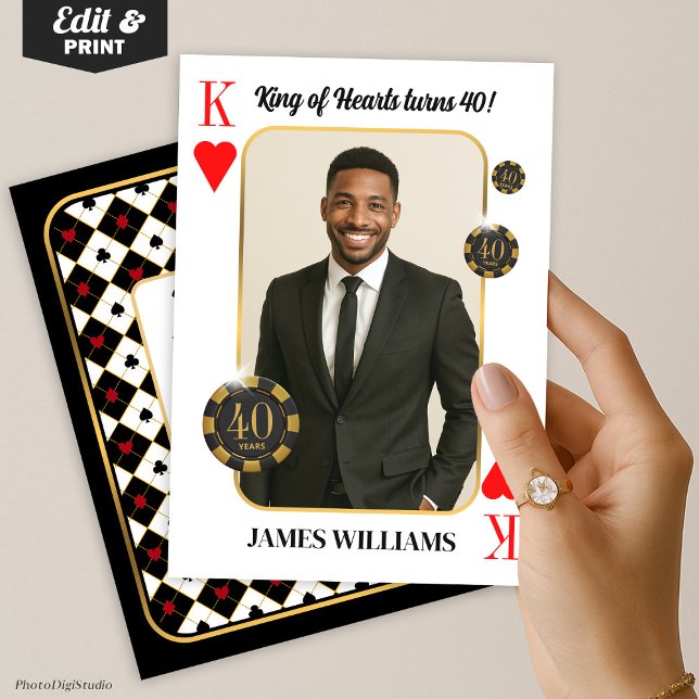 Invitation d'anniversaire personnalisée Roi de Cœu (Custom King of Hearts Birthday Invite with Photo, Casino Invitation )