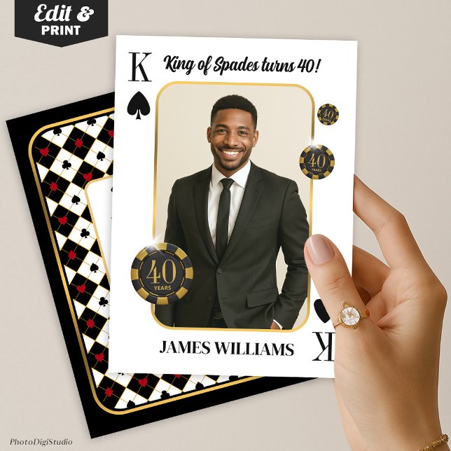 Invitation d'anniversaire personnalisée Roi de Piq (Custom King of Spades Birthday Invite with Photo, Casino Invitation)