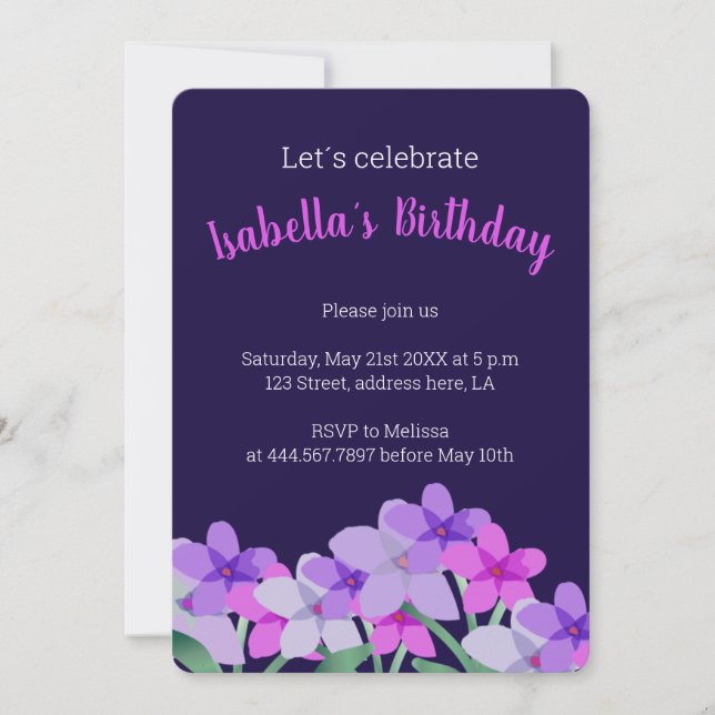 Invitation d'anniversaire personnalisée rose lilas (Devant)