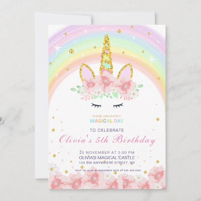 Invitation d'anniversaire personnalisée Unicorn Ra (Devant)