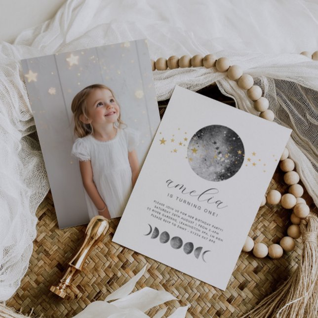 Invitation d'anniversaire Photo avec Phases de Lun (Zazzle Moon Phases Gold Stars Photo Birthday Invitation)