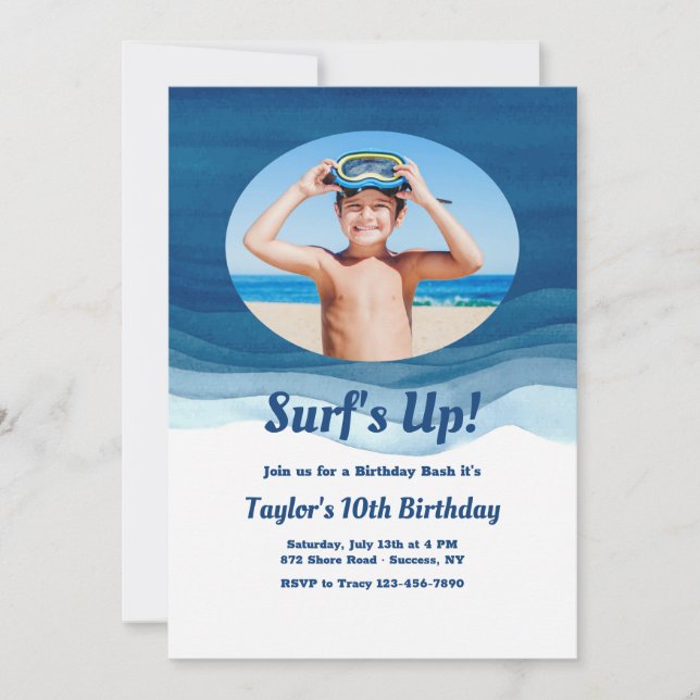 Invitation d'anniversaire photo avec vagues bleues (Devant)