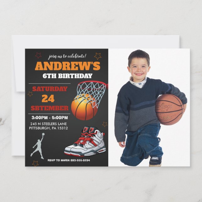 Invitation d'anniversaire photo basket-ball Orange (Devant)