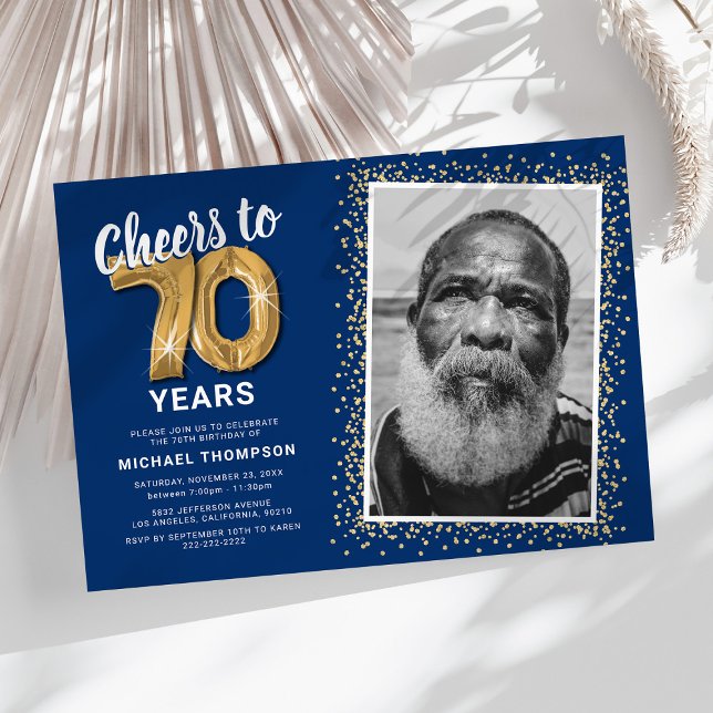 Invitation d'anniversaire photo Blue Gold 70th (Créateur téléchargé)