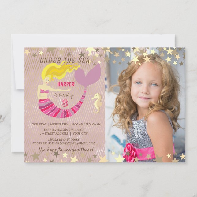 Invitation d'anniversaire photo de sirène rose (Devant)