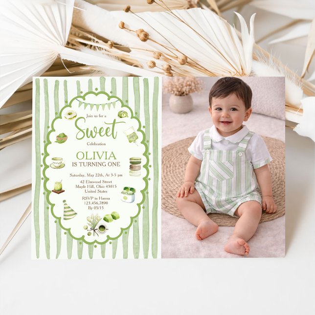 Invitation d'anniversaire photo douce au matcha ve (Créateur téléchargé)