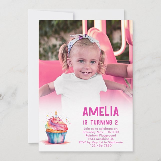 Invitation d'anniversaire photo Fille Gâteau rose (Devant)