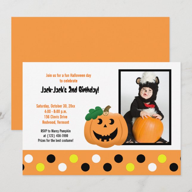Invitation d'anniversaire photo Halloween Citrouil (Devant / Derrière)
