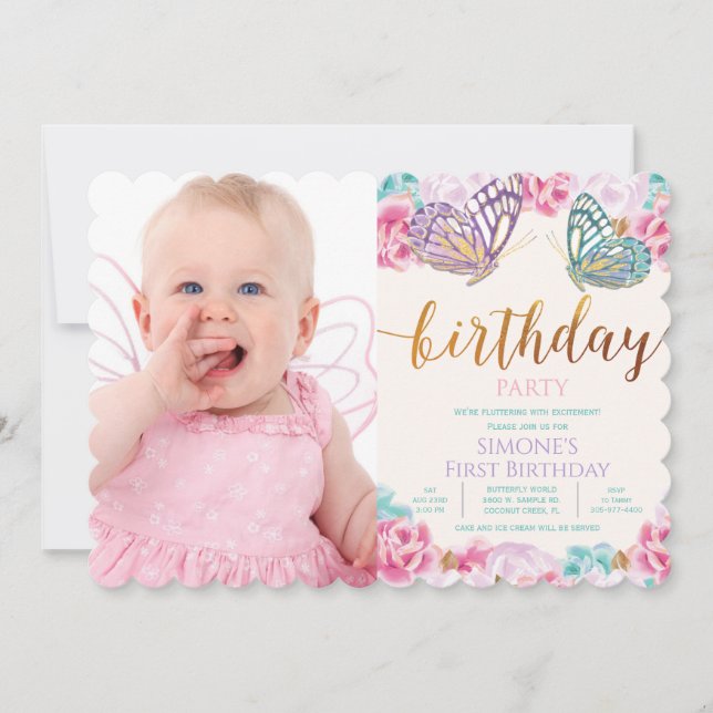 Invitation d'anniversaire photo papillon TOUT ÂGE (Devant)