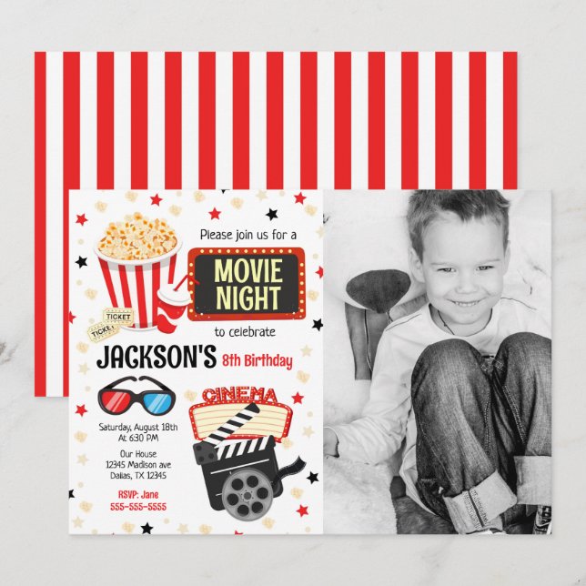 Invitation d'anniversaire Photo Soirée Cinéma Fête (Devant / Derrière)