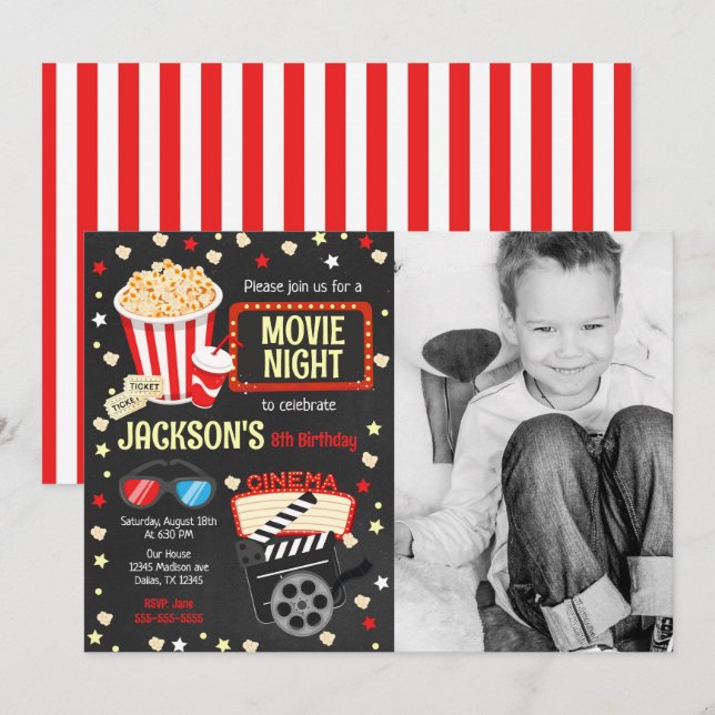 Invitation d'anniversaire Photo Soirée Cinéma Fête (Devant / Derrière)