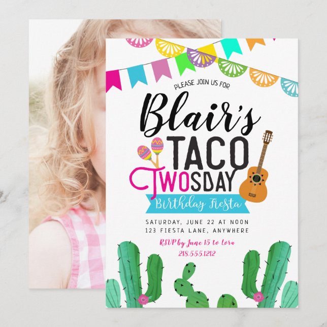 Invitation d'anniversaire photo Taco Twosday (Devant / Derrière)