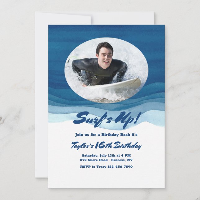 Invitation d'anniversaire photo Vagues Bleues (Devant)